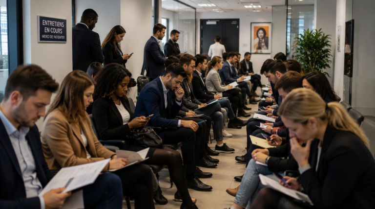 Une salle d'attente bondée de candidats qui attendent leur tour pour un entretien d'embauche