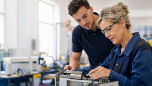 Femme en reconversion suivant une formation technique dans un atelier avec un formateur.