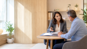 Conseillère en évolution professionnelle échangeant avec un salarié dans un bureau lumineux.